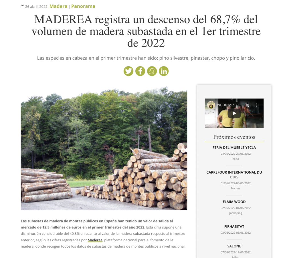 MADEREA registra un descenso del 68,7% del volumen de madera subastada en el 1er trimestre de 2022