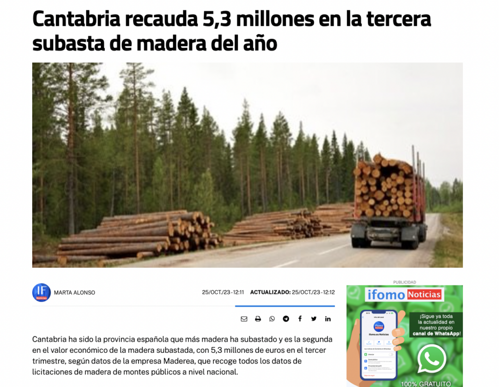 Cantabria recauda 5,3 millones en la tercera subasta de madera del año