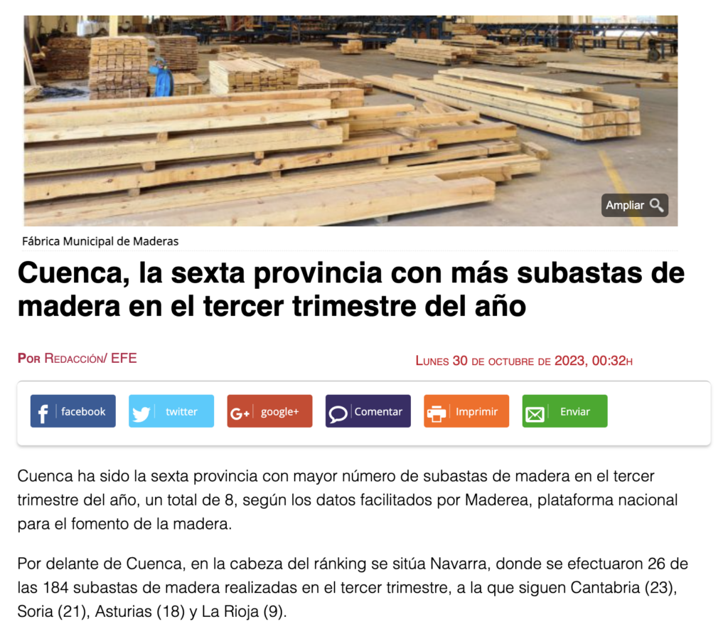 Cuenca, la sexta provincia con más subastas de madera en el tercer trimestre del año